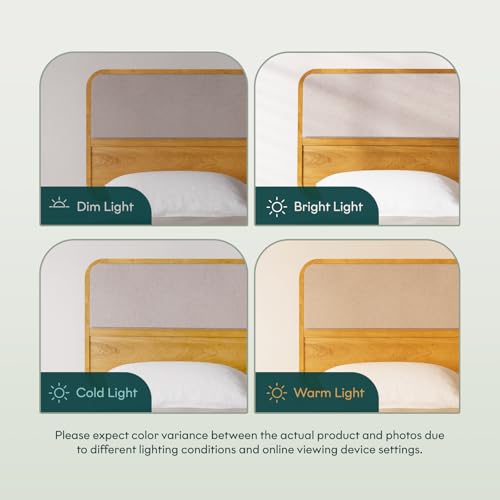 Image of Bme Calista Queen Size Bed Frame - Solid Wood Platform Bed with Upholstered Headboard, Teak Brown Finish, Mid-Century Modern Style with Sturdy Slats & Tapered Legs, No Box Spring Needed
