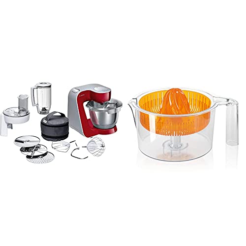 Bosch ElettrodomesticiBosch Planetaria Robot Da Cucina, Ciotola In Acciaio Da 3.9 L, 7 Velocità, 1000 W, Rosso & Muz5Zp1 Spremiagrumi, Plastica, Vari