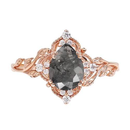 Pear Cut Salt and Pepper Diamond Engagement Rings for Women 10K 14K 18K White Yellow Rose Gold Leaf Salt and Pepper Diamond Ring Wedding Ring Anniversary Promise Ring