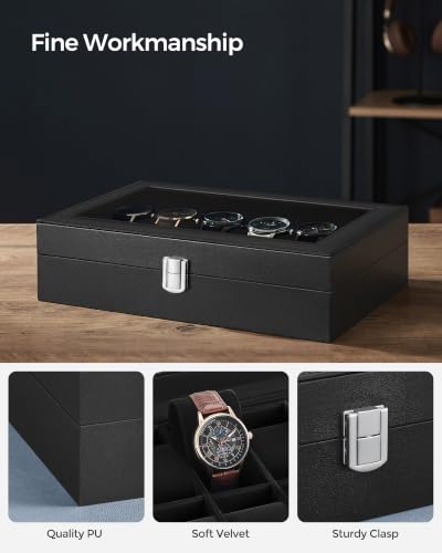 Image of SONGMICS Watch Box, 12-Slot Case With Large Glass Lid, Removable Pillows, Organizer, Gift for Loved Ones, Black Synthetic Leather, Black Lining UJWB012B01