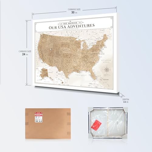Image of IPIC - Vintage US Map for Travel, Pin Board Canvas Wall Art, Travel Map with Pins Included, Ready to Hang for Home or Office, 30x24 Inch