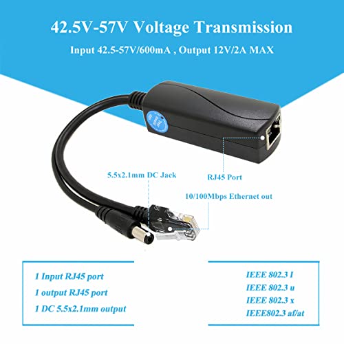 Active PoE Splitter 12V 2A Output, estándar IEEE 802.3af/at, Divisor Power Over Ethernet para cámara IP de seguridad DC Jack (PS5712AT Negro) miniatura 3