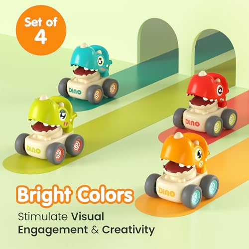 Image of Kidology Dinosaur Cars Set of 4 with Whistle Music for Toddlers, Friction-Powered Dino Cars, Mini Press & Go Vehicles, Montessori Educational Toy for Boys & Girls, Multicolor