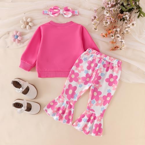 Image of Baby Girl Clothes Fall Winter Long Sleeve Bear Cartoon Sweatshirt Flare Pants Bow Headband Set 6 Months-4 Years Old