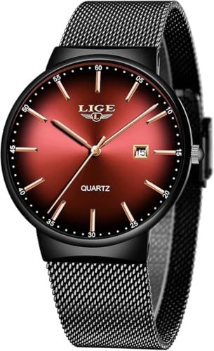 LIGE Mens Watch, Ultra-Thin Watches for Men, Quartz Analog, Stainless Steel 30M Water Resistance, Calendar Function, Classic & Elegant Style, Luxury Business Casual Style, Red