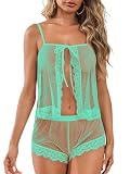 Kolagri Sexy Lingerie for Women Pajamas Set Lace Sleepwear Tie Closure Cami Pj Shorts Set Nighties Mint Green M