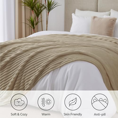 Image of BEDELITE Ribbe Blankets Queen Size for Bed, Linen, 90 inchx90 inch | Ultra-Soft Plush Fleece, Warm Yet Lightweight, Ribbed Texture, Home Decor, Machine Washable, Giftable, All-Season Use