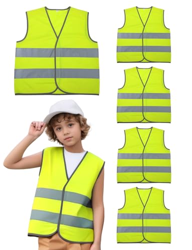 Adigau Gilet Riflettente Bambini Set Personalizzato Hi-Vis Gilet di Sicurezza Gilet Leggero Traspirante Design Strisce Riflettenti Per Sicurezza, Confezione da 5 giall, 13-15 anni