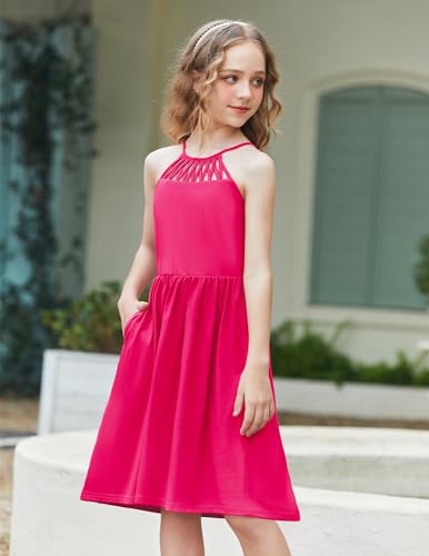 Arshiner Girls Summer Dress Halter Neck Boho Crochet Hollow Out Casual Sundress with Pockets for 5-13 Years3