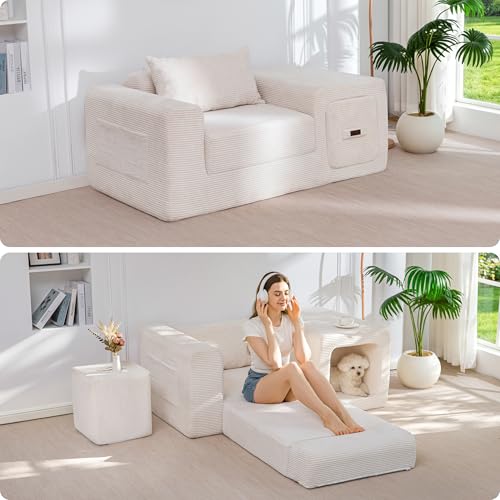 Image of MAXYOYO Folding Sofa Couch, Convertible Floor Sofa with Armrest, Multifunctional Sofa with Pillow and Pockets, Boneless Couch for Living Room, Beige