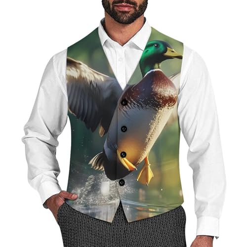 Funny Mallard Duck Suit Vest for Men Waistcoat Dressy V Neck Button Down Sleeveless Business Jacket Coat