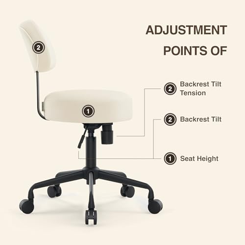 Image of Heavy Duty Extra Wide Thick Cushion Seat Adjustable Height Swivel Rolling Stool with Tiltable Backrest for Clinic, Salon, Tattoo, Office, Bar and Home - NAIA 502B (Vanilla)