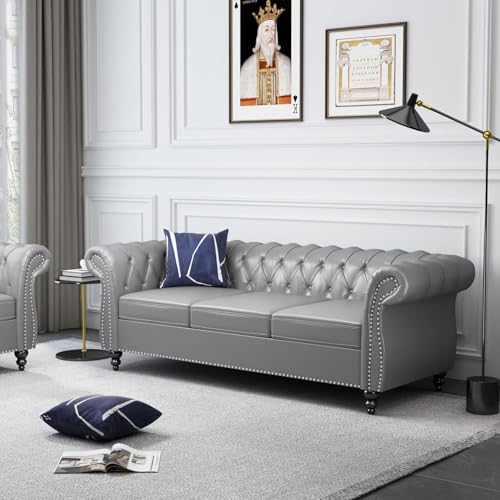 Image of WOODEN WORLD Modern & Classic Leather Sofa Set - Luxurious Comfort, Stylish Design, and Durable Build (Grey, 3 Seater)
