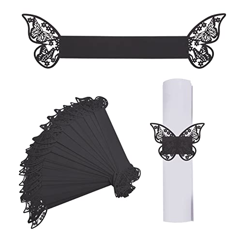 URROMA 50 anelli per tovaglioli di carta lucida a specchio nero con farfalle, anelli per tovaglioli, fibbie per matrimoni, Natale, feste quotidiane e decorazioni per la tavola