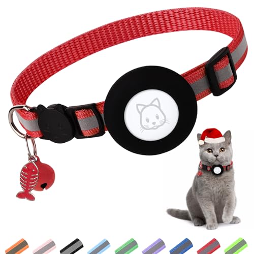 Collar para gato Airtag rojo reflectante ideal para paseos nocturnos seguros por el jardín