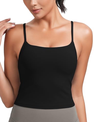HeyNuts Cropped Cami Tank Top for Womens, Square Neck Spaghetti Strap Low Impact Yoga Longline Sports Bras Padded A-C Cups
