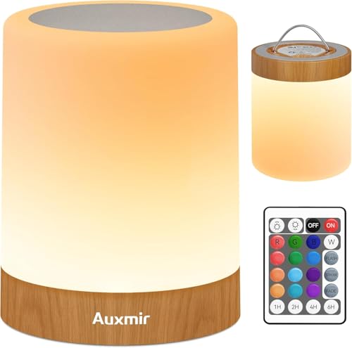 Auxmir Lampada da Comodino Touch Dimmerabile, Abat Jour Luce Notturna Timer, Lampada LED da Tavolo Senza Fili con Telecomando, 13 Colori 5 Livelli 4 Modalità, 3000mAh Ricaricabile per Camera da Letto