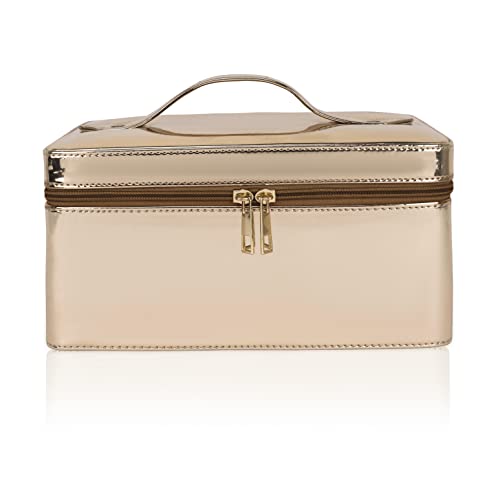 FADAK Makeup Cosmetic Box Jewelry Bridal Trousseau Vanity Beauty Case for Wedding Makeup Box Large Vanity Box Vanity Bag with Dividers for Brushes Travel Cosmetic Organizer Bag (Gold)