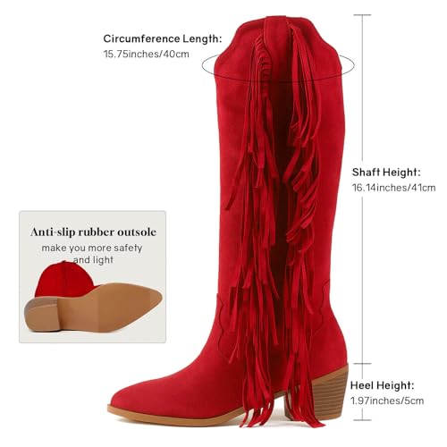 Image of KiutSymo Cowgirl Fringe Boots For Women White Tassels Cowboy Boots Knee High Pointed Toe Western Boots
