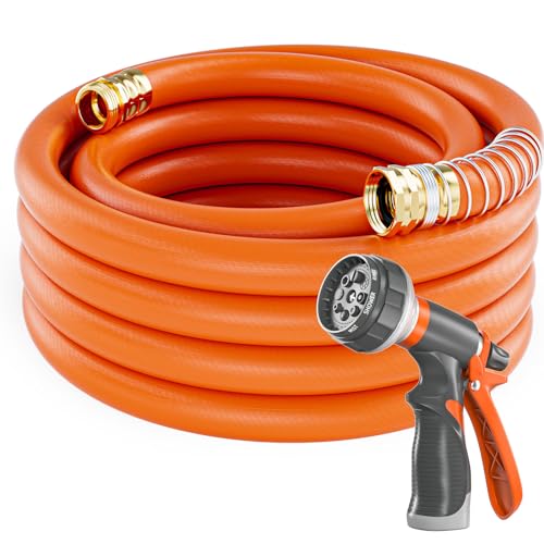 SPECILITE Garden Water Hose 50 ft x 3/4 in Heavy Duty, Flexible and Lightweight, Burst 600 psi, Kink-less Hybrid Rubber Pipe for Backyard, 3/4'' Brass Fittings, Orange