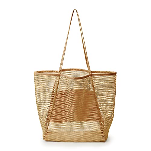 Bubuny Grand sac de plage en maille avec fermeture éclair - Sac intérieur pliable - Sac de courses pour femme - Sac de bain pour le shopping, la famille, les voyages, la plage, kaki Cover