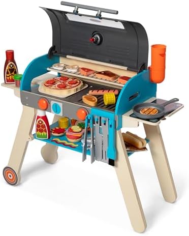 Melissa & Doug Wooden Deluxe Barbecue Grill, Smoker and Pizza Oven Play Food Toy for Pretend Play Cooking for Kids - FSC Certified