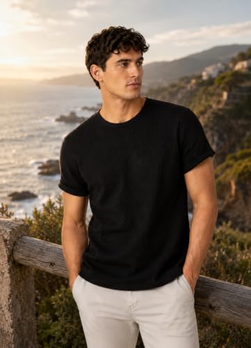 Image of London Hills Men's Waffle Textured T-Shirt | Solid Regular Fit Round Neck Half Sleeve Casual Wear Tee | Soft, Breathable & Lightweight Fabric