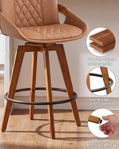 Image of AQG Counter Height Bar Stools, Mid Century Modern Bar Chairs Swivel with Back, Faux Leather Upholstered Barstools Walnut Wood Frame for Kitchen Island (Brown, 26 Inch - 1 PCS)