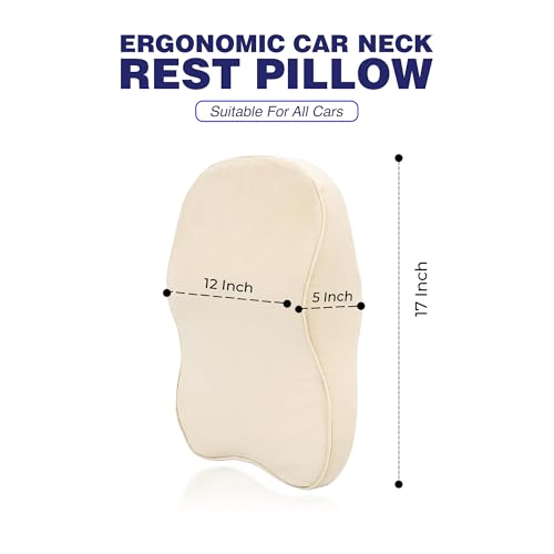 Image of WELLGIVER Orthopedic Memory Foam Car Neck Rest Pillow - Cervical Support Cushion for Neck Pain Relief, Adjustable Strap - Universal Fit for All Cars | Beige Velvet