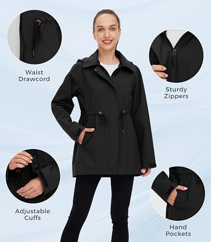 wantdo Women's Waterproof Long Raincoats Lightweight Rain Jacket Hooded Trench Coats Windbproof Jacket4