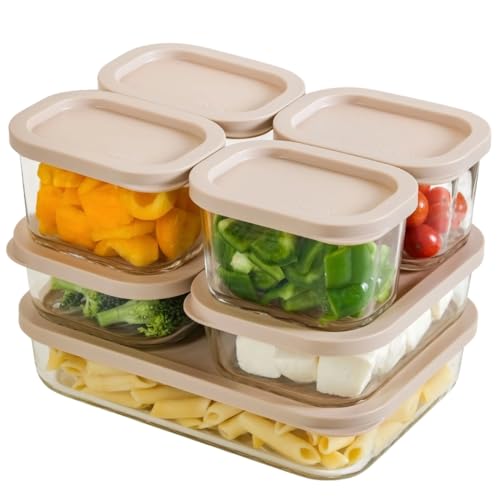 Image of Nestasia Groovo Glass Containers with Lid Set of 7 (310ml x 4, 520ml x 2, 1200ml x 1) - Transparent Stackable Fridge Storage Box, Microwave & Dishwasher Safe (Beige)