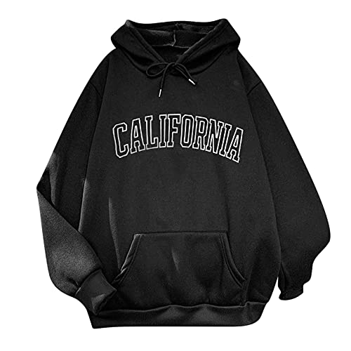 AUFJ Oversized Hoodies For Teen Girls California Letter Print Hooded Sweatshirt Hoodies for Women Long Sleeve Pocket Pullover Trendy Plus Size Oversized Tops Black XX-Large
