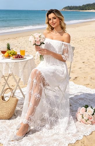Image of HOYISHION Women's Off The Shoulder Floral Lace Maxi Dress White Bridesmaid Wedding Party Maternity Photoshoot Long Dresses