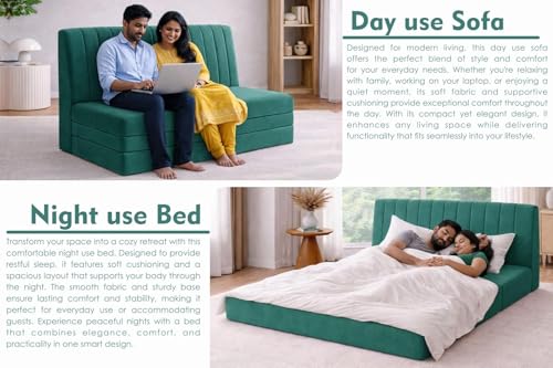 Image of Rosebell 5x6-Three Seater Upholstered Armless Sofa Cum Bed with Backrest | Soft Velvet Fabric Finish | Modern Living Room & Bedroom -Green-Color
