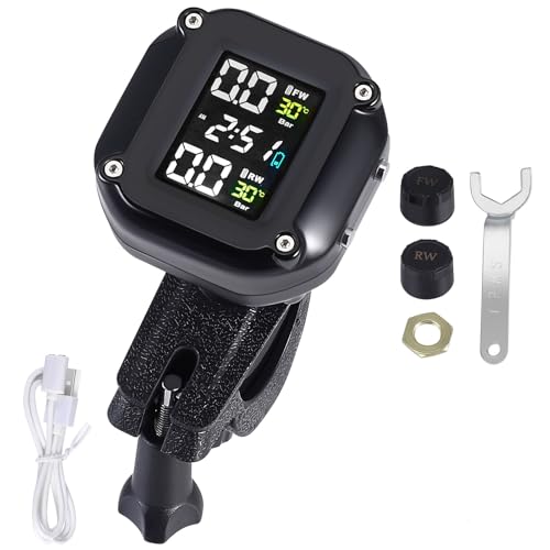 Motorcycle TPMS Tyre Pressure Monitoring System, IP68 Waterproof Motorcycle Tire Pressure Monitor System with LCD Display & 2 External Wireless Sensors, Digital Tyre Pressure Gauge USB Charging