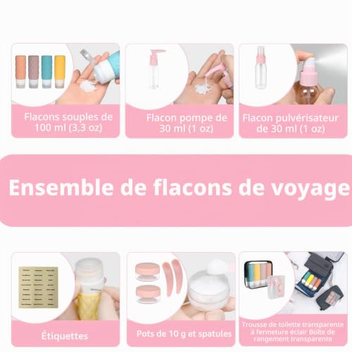 YoHyien 8 Pcs Kit Flacon Voyage Avion Silicone, Rechargeable Flacons de Voyage 100ml, Contenant Voyage sans BPA, Bouteille Cosmétique avec Trousse de Toilette, Recipient pour Gel Douche, Shampooing – vue 2