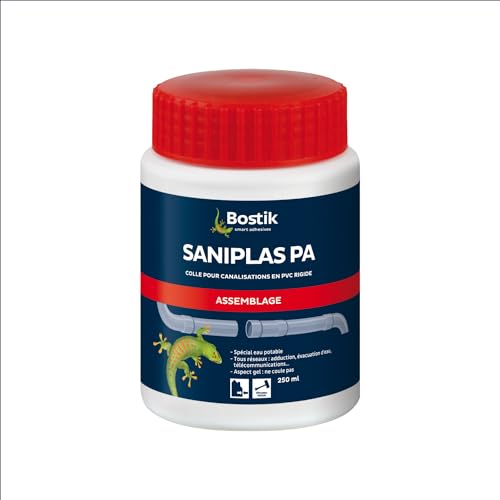 Bostik Colle Tuyaux PVC Saniplas PA, Tous réseaux, Eau Potable, Pinceau Inclus dans le Bouchon, Boite Plastique 250ml