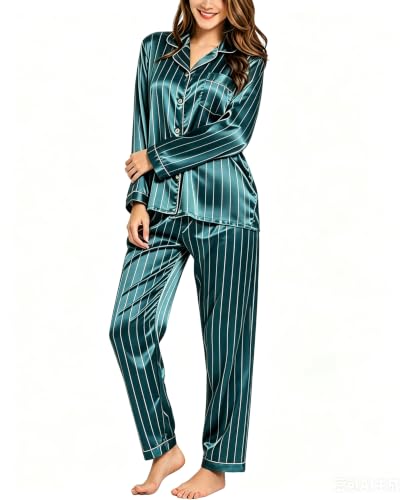 Image of SWOMOG Long Sleeve Pajamas Set Silk Satin Sleepwear Button Down Pjs Loungewear with Pocket