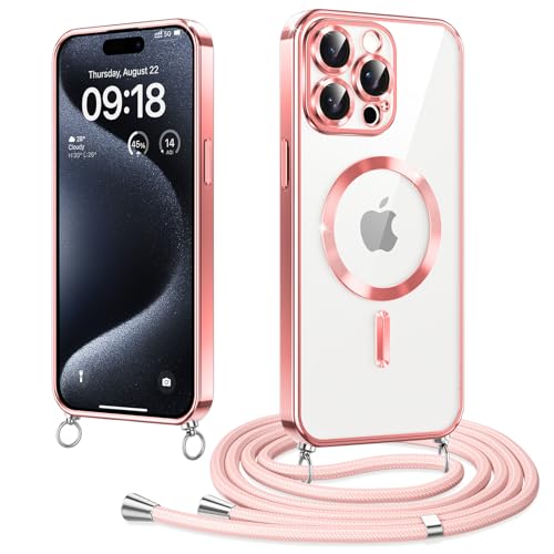 Elettrolitico Magnetica Cover con Cordino per iPhone 15 Pro 6.1 Compatibile con Magsafe Ricarica Antiurto AntiGraffio con Collana Regolabile Case per 15 Pro wireless rosa tpu