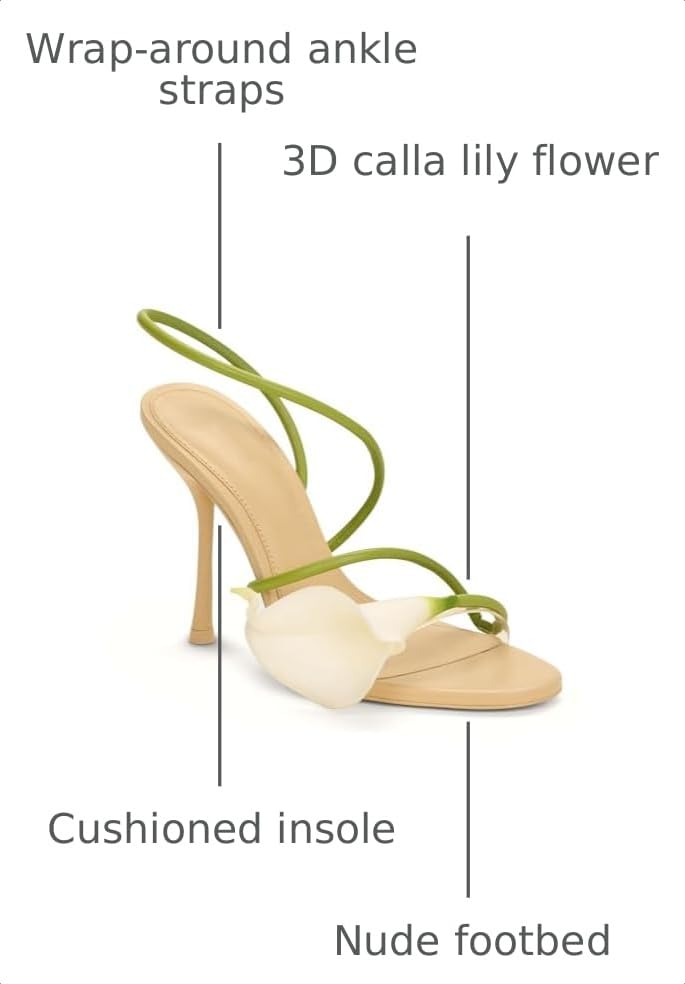 Image of Flower Heels for Women Calla Lily Strappy Slip On Open Toe Wrap Around Floral Stiletto Sandals High Heel Party Dressy Sandals