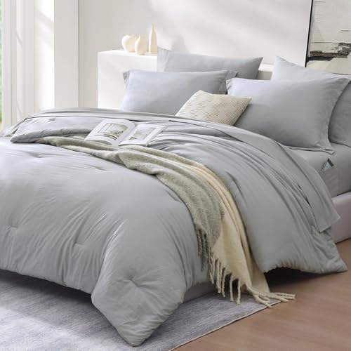 Image of King Size Comforter Set- 7 Pieces Prewashed Bed in a Bag King Bedding Sets | Soft All Season Comforter with Sheets, Pillow Shams & Pillowcases, Light Grey