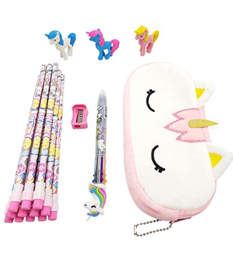 Unicorn Pencil Case Stationary Set Girls Unicorn Gift Set for Kids Eraser Color Pen Pencils School Supplies in Pink Purple and Teal (Pink)