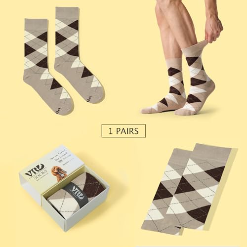 VRD Bamboo Mens Dress Socks for Men, 1-Pack, Beige, Tan, Light Bown Crew Length Mid-Calf Socks, Mens Shoe Size 8-132