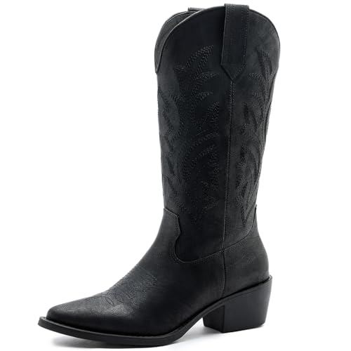 Image of GLOBALWIN Women's Mid Calf Western Cowboy Boots Cowgirl Boots for Women with Floral Embroidery Side Zipper Chunky Heel