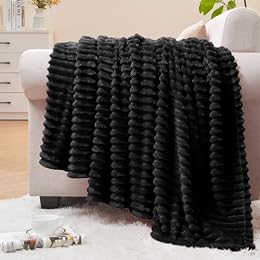 BEDELITE Ribbed Jacquard Black Fleece Throw Blanket for Couch, 50x70 Inch