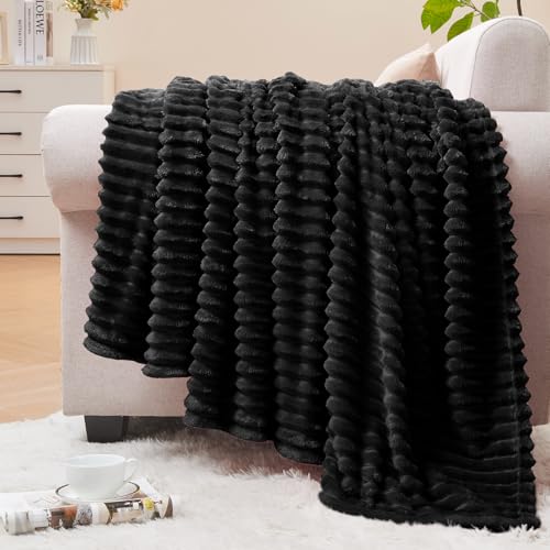 Image of BEDELITE Fleece Throw Blanket for Couch - 3D Ribbed Jacquard Soft and Warm Decorative Fuzzy Blanket - Cozy, Fluffy, Plush Lightweight Black Throw Blankets for Bed, Sofa, 50x70 inches