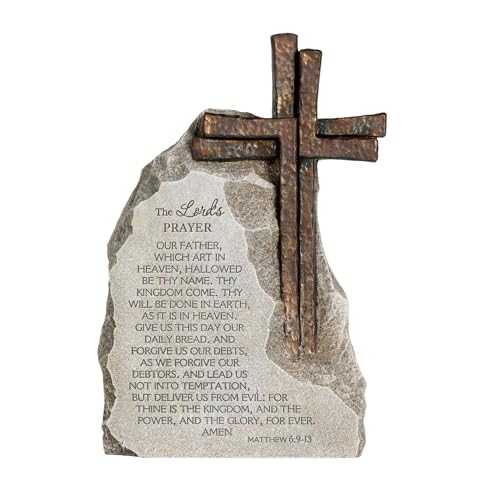 ShineOnAngel The Lords Prayer Stone Decor with Bronze Color Cross 9.4 inches Religious Table Decoration for Home Office