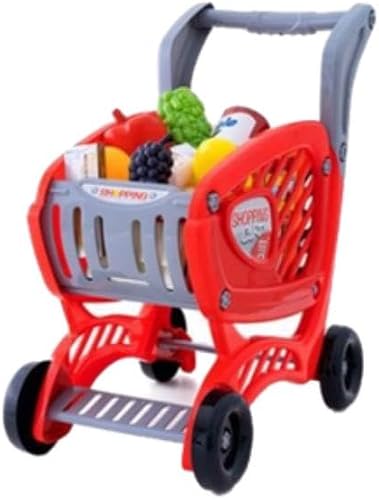 Kids Toy Shopping Cart with Plastic Food Accessories, Red, 42cm x 40cm x 24cm, Pretend Play