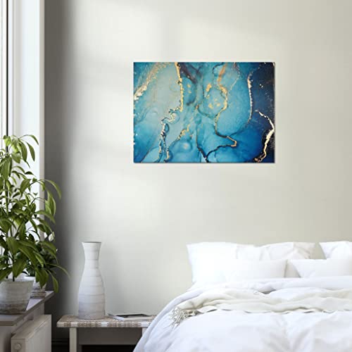 Art mural abstrait marbre bleu saphir : toile encadrée 50x70 cm pour salon