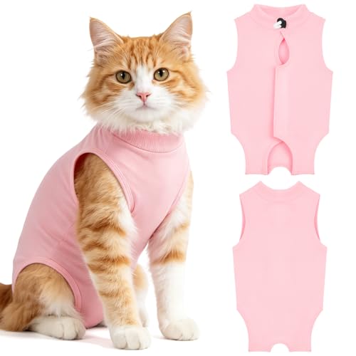 OFFCUP 2 Piezas Body de Recuperación para Gatos, Gatos Postoperatorio Hembra para Evitar Que se Laman Las Heridas, Suave y Cómodo, Gata Camiseta de Recuperación, Rosa, Talla M